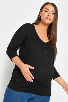 Bump It Up Maternity Top Negro Canalé Con Botones Automáticos