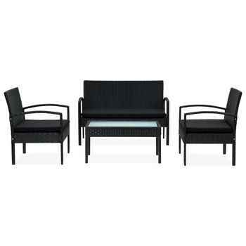 Set De Muebles De Jardín 4 Piezas | Mobiliario De Jardín Y Cojines Ratán Sintético Negro