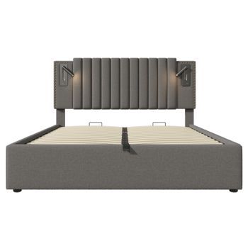 Cama Con Canapé De Tela De Algodón 140x200cm Con Luces De Lectura Y Puertos De Carga Usb Con Somier Gris