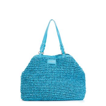 bolso tote de croché con charm de corazón de colores y borde de rafia aquamarine