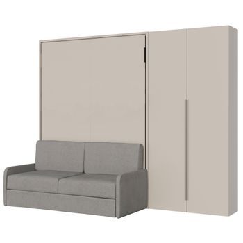 Cama Abatible Francesa Vertical Versia Sofà 140 Con Sofá, Estante Y Armario Derecho 2 Puertas Clay