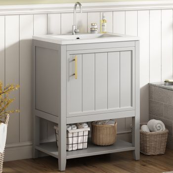 Mueble De Baño Con Lavabo - Mueble Para Baño - Mdf Y Cerámica - Gris Claro (61x47x87cm)