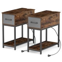 costway juego de 2 mesa auxiliar estrecha con estacion de carga luces usb cajon y estante industrial 60 x 29 x 62cm marron rustico y gris