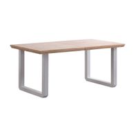 mesa extensible de madera clara y acero blanco