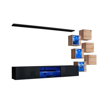 Conjunto De Muebles De Salón Switch Xxi – Led – Negro Y Roble – Diseño Suspendido