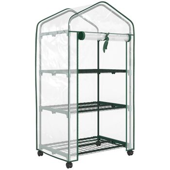 Outsunny Mini invernadero de jardín con 3 estantes, lona de PVC de alta densidad, puerta enrollable 4 ruedas 69 x 49 x 130 cm transparente   Aosom España