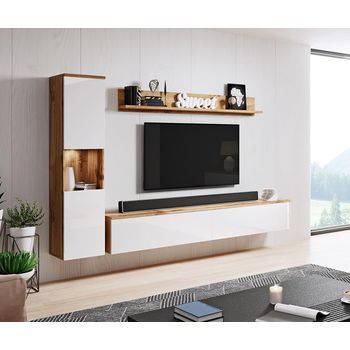 Conjunto De Muebles De Salón Paris, Juego De Muebles De Salón, Mueble De Tv, Sin Iluminación Led, Color Wotan/blanco Brillo