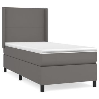 Cama Individual | Cama Para Adultos | Cama Box Spring Con Colchón Cuero Sintético Gris 80x200 Cm
