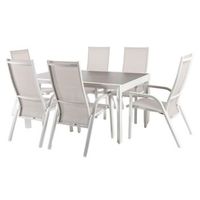 conjunto de mesas y sillas de jardin sillones reclinables aluminio y textilene color blanco mesa160x105x75 sillas110x57x70