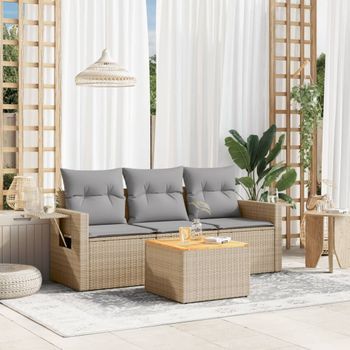 Conjunto De Sofás Jardín Con Cojines 4 Uds | Mueble Jardin Mesa Y Sillas Ratán Sintético Beige Cfw626517