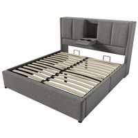 cama gris 140 x 200 cm con almacenaje hidraulico 2 portavasos 3 usb y usb-c