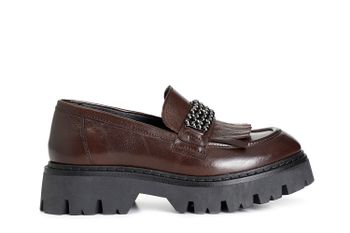 mocasín de mujer con flecos de piel. dark brown 35