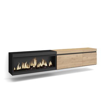 Mueble Tv, Televisión, Muebles De Salón, Almacenaje, 237x45x35 Cm, Para Tv Gran Formato, Chimenea Eléctrica Xxl, Colgado, Suspendido, Estilo Moderno, Roble Y Negro