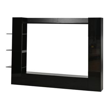 Mueble De Tv De Pared Negro, 245 Cm, Vitrinas Acrílicas Y 11 Espacios