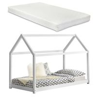 encasa cama para ninos de madera pino con colchon - 200x90cm - cama infantil - forma de casa - textil de confianza - certificado oko-tex 100 - blanco mate