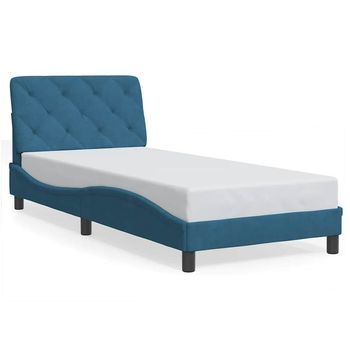 Cama Individual | Cama Para Adultos | Estructura Cama Con Cabecero Terciopelo Azul 90x190 Cm