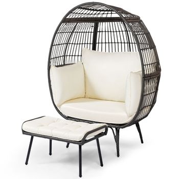 Costway Juego de Silla Huevo Grande con Reposapiés Sofá de Ratán PE con Cojines Suaves para Jardín Conjunto de Silla en Huevo y Taburete Marrón