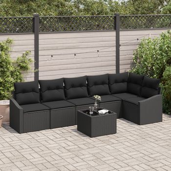 Juego De Sofá De Jardín De 7 Piezas Con Cojines Beige Poliratán V3390 Unico / Negro