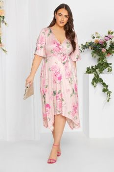 Yours London Vestido Cruzado Rosa Pálido De Grandes Flores Rosadas, Mujer Curvy Y Tallas Grandes, Yours London