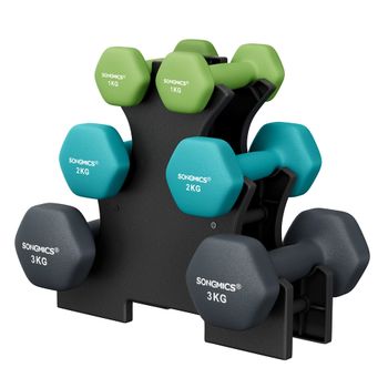 Juego de Mancuernas Hexagonales con Soporte, Azul Verdoso y Gris Oscuro