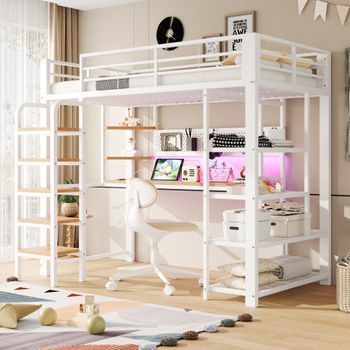 Cama Mezzanine 90x200 Cm Metal Blanco Con Escritorio, Toma Eléctrica, Iluminación Led Multicolor, Estanterías, Panel Perforado, Escalera