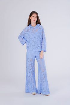 blusa con capucha de encaje light blu s