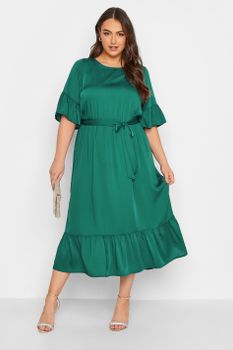 Yours London Vestido Verde Satinado Con Volantes, Mujer Curvy Y Tallas Grandes, Yours London
