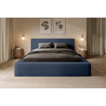 Lit Coffre Denali – Azul Acero Rizado – 160x200 Cm – Tela Terciopelo Suave – Somier Elevable – Almacenamiento Integrado