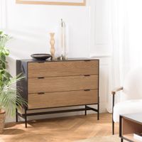 comoda con 3 cajones de madera de pino marron y metal marron y negro