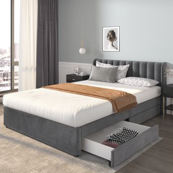 Cama Con Cabecero Y 2 Cajones - 160 X 200 Cm - Tela De Terciopelo - Somier De Láminas - Gris