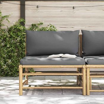 Sofá Central De Jardín | Sofá De Exterior Bambú Con Cojines Gris Oscuro