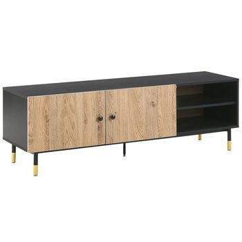 Mueble Tv De Madera Clara Tablero De Fibra Patas De Metal Negro Estantes De Almacenamiento Abilen