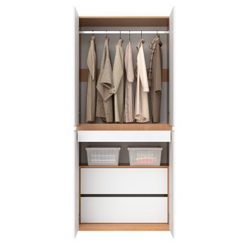 Armario De Dormitorio Moderno, Armario Ropero 4 Puertas Con Cajón Joyero, Madera Mdf, Armario Blanco Y Roble.
