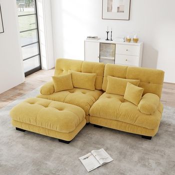 Sofá Esquinero Cloud Salón Chenille Con 2 Cojines Lumbares Y 2 Decorativos, Acolchado Amplios Reposabrazos Chaise Longue Amarillo