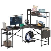escritorio gaming esquinero en l negro con estantes soporte para monitor y enchufe integrado estilo industrial para oficina