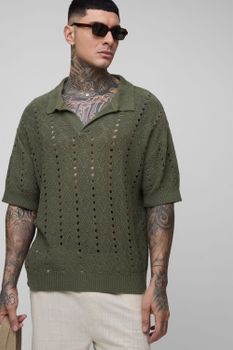Polo Tall Recto Oversize De Punto Abierto Con Raya, Verde