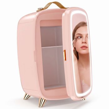 HOMCOM Nevera para Cosméticos Pequeña con Capacidad de 6 L Puerta con Espejo y Luces LED Ajustables 24,3x19,4x35,6 cm Rosa   Aosom España