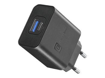 Cargador móvil - CellularLine Dual Super Fast Charger, 25 W, Carga rápida, Protección sobrecarga, USB C, USB, Negro