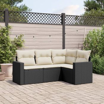 Conjunto De Sofás Jardín 4 Uds | Mueble Jardin Mesa Y Sillas Con Cojines Ratán Sintético Negro Cfw983189