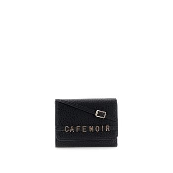 cartera efecto piel con solapa, letras y hebilla. black