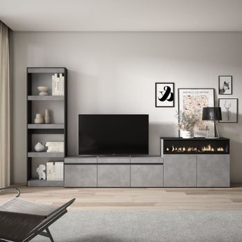 Muebles salón efecto madera cemento 310x35x186cm chimenea efecto fuego