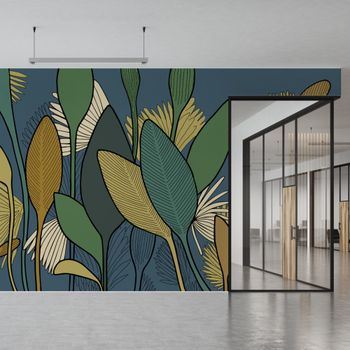 Papel pintado panorámico gráfico de hojas grandes, verde 450
