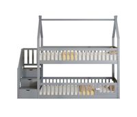 cama litera infantil 90x200 - madera maciza con techo escalera de seguridad y cajones de almacenamiento - gris