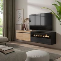 mueble tv efecto madera roble y negro 200x35x45 chimenea efecto fuego