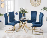 denver 120cm gold leg glass dining table with malaga velvet chairs - grey 4 chairs