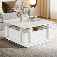 mesa de centro blanca brillante de 70  70  35 cm con dos cajones y led
