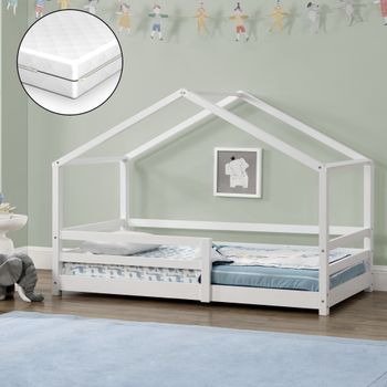 Cama Para Niños De Madera Pino Knätten - Con Colchón Ortopédico - 70 X 140 Cm - Cama Infantil - Con Reja Protectora - Casita - Forma De Casa - Blanco Lacado Mate [en.casa]®