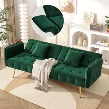 Sofá Cama Convertible Con Respaldo Ajustable Y Reposabrazos Multiposición, Color Verde.