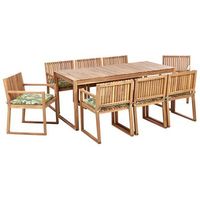 conjunto de jardin 8 plazas rustico de madera de acacia certificada sillas con cojines de asiento verde motivo hojas sassari ii