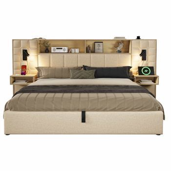 Cama Tapizada 160x200 Cm - Con Espacio De Almacenamiento, Led, 2 Lámparas De Lectura, 2 Mesitas De Noche Integradas, Puerto Usb Type-c, Tejido De Lino, Sistema De Cama - Beige